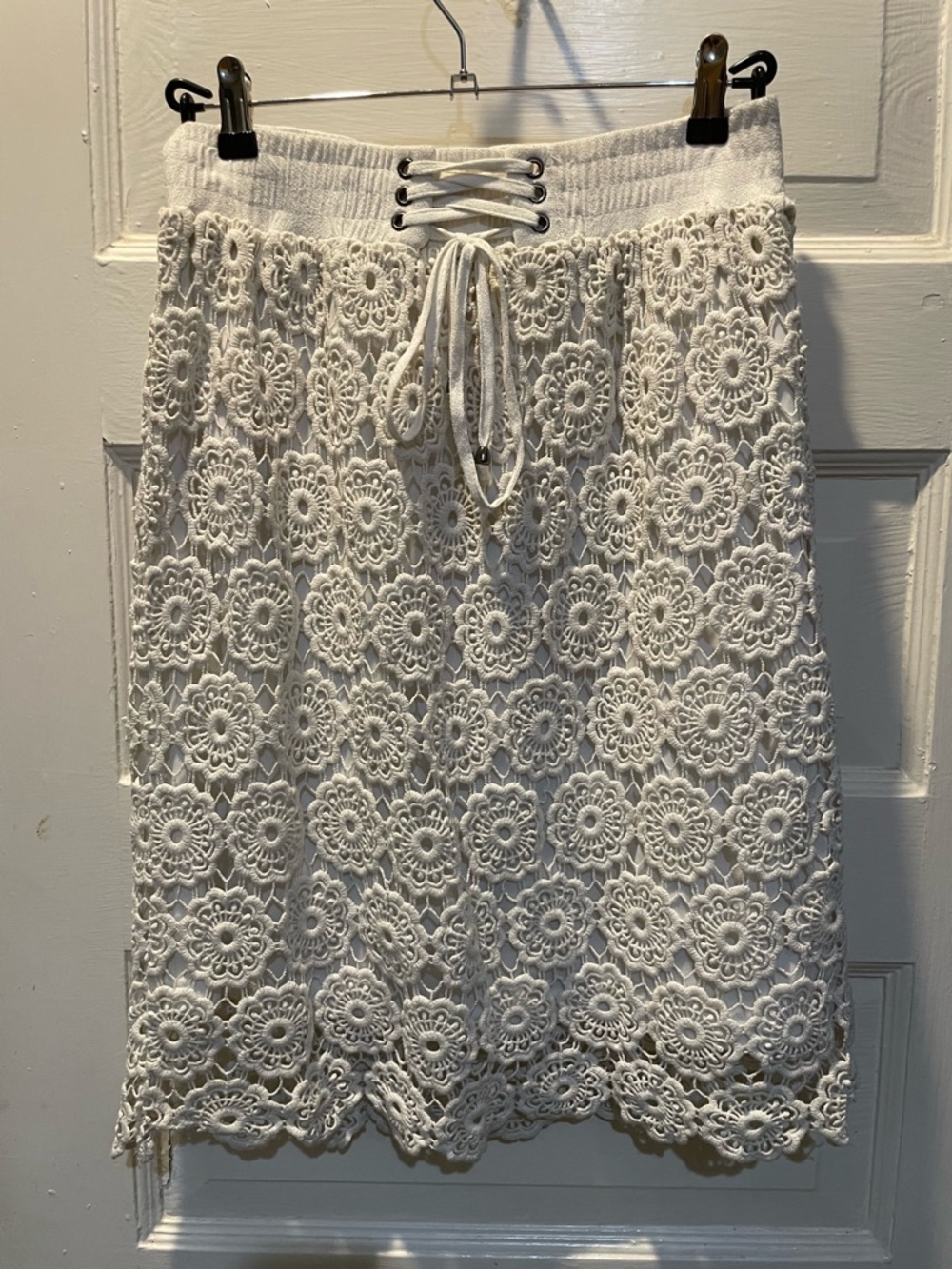 White Crochet Lace Drawstring Skirt, Size Medium